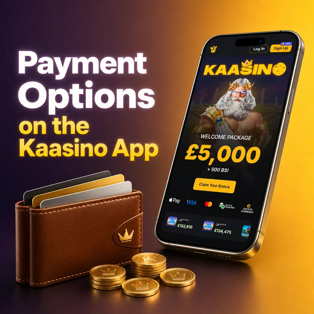 Kaasino app payment options including Visa, Mastercard, PayPal, Skrill, Neteller, cryptocurrency, and Paysafecard for UK players